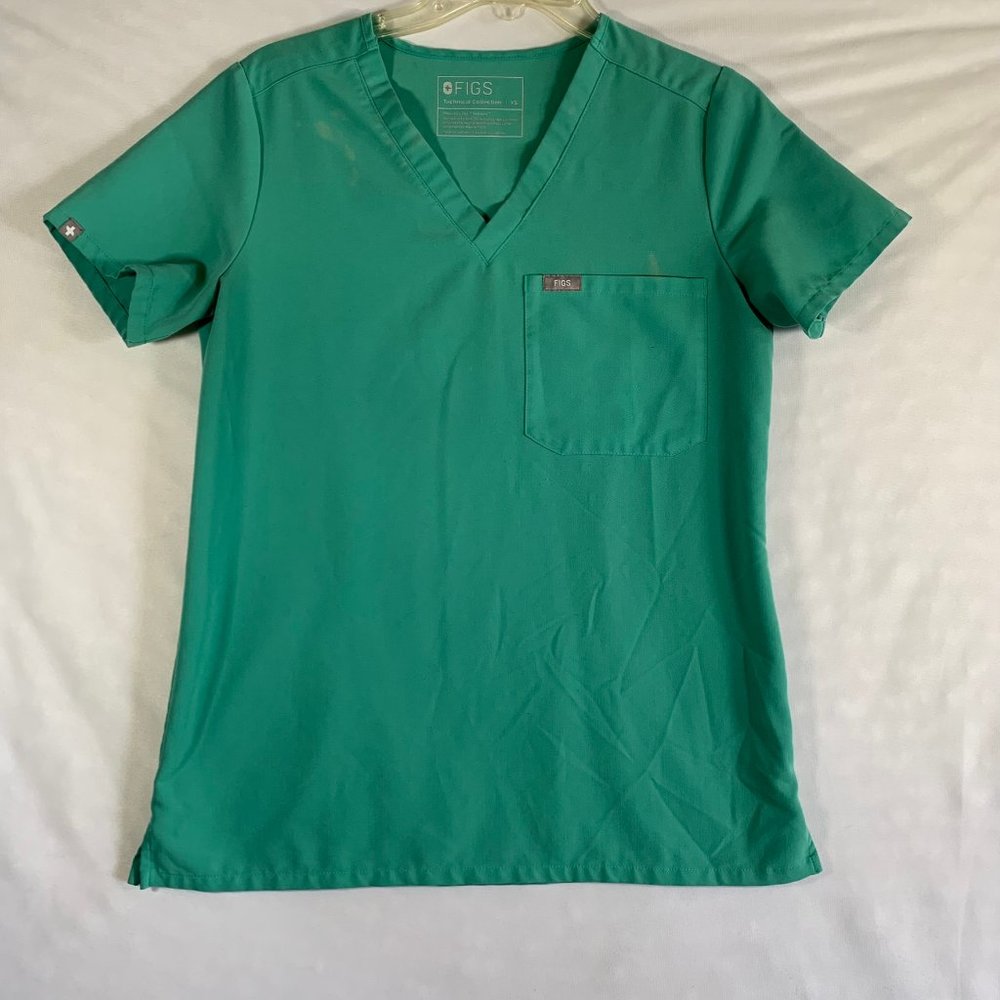 FIGS TECHNICAL COLLECTION WOMENS XS SCRUB‎ TOP SHIRT GREEN SHORT SLEEVE POCKETS